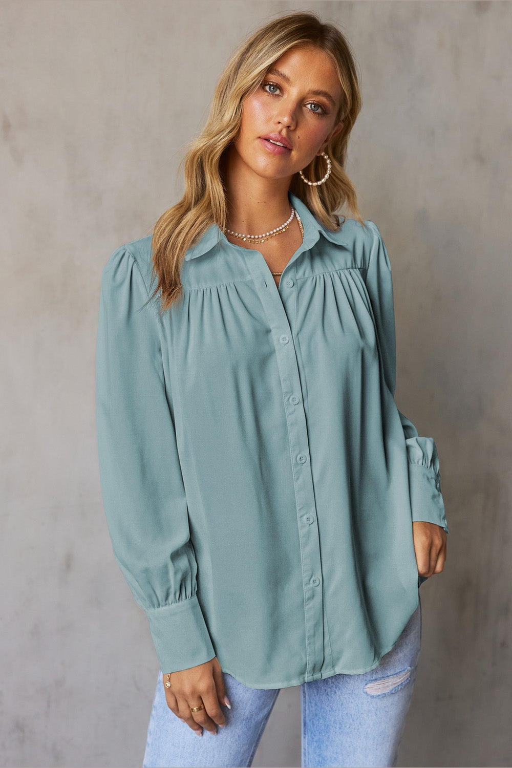 Gathered Detail Puff Sleeve Shirt - Shirts - FITGGINS