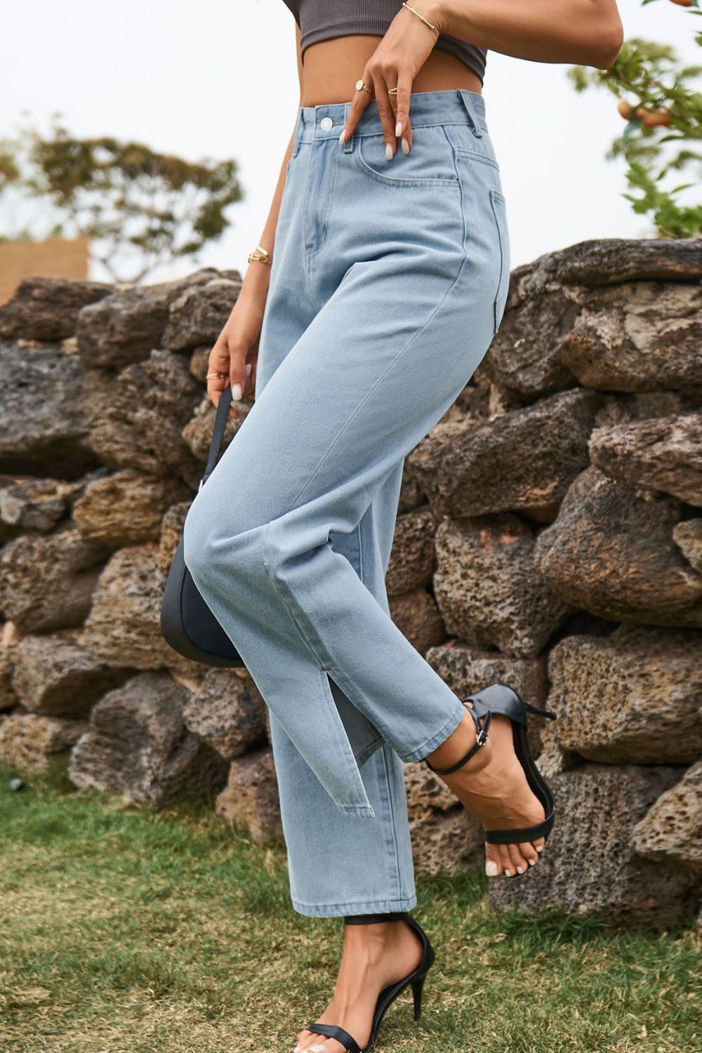 High Waist Loose Fit Ankle Slit Jeans Fitggins