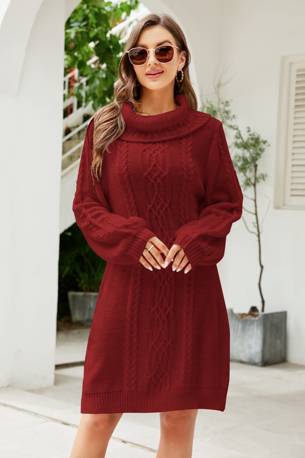 Woven Right Mixed Knit Turtleneck Lantern Sleeve Sweater Dress - Sweater Dresses - FITGGINS