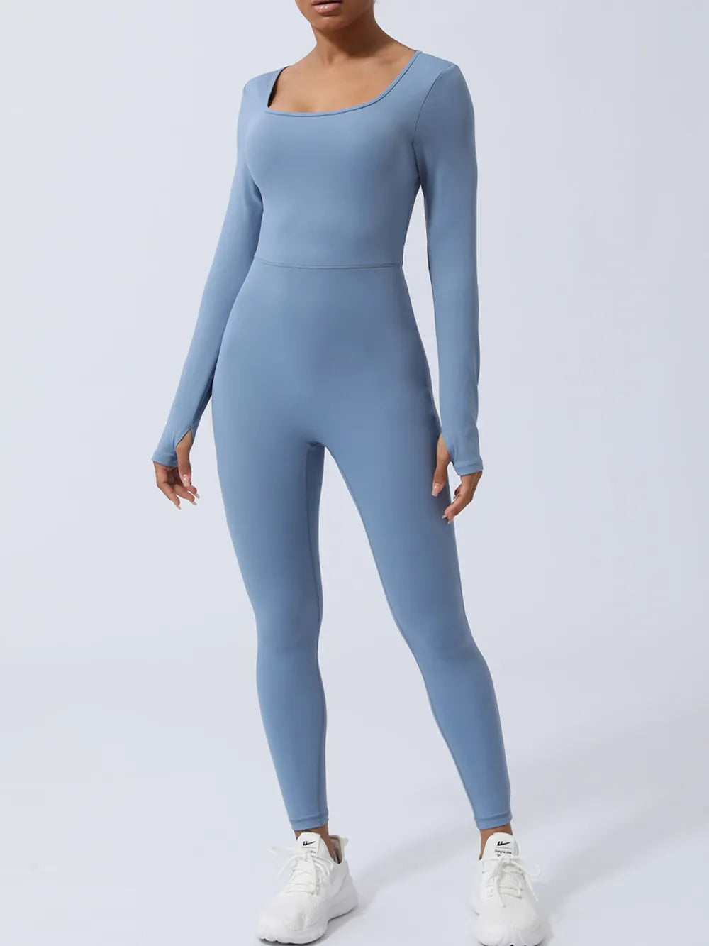 Twisted Backless Long Sleeve Jumpsuit Light Blue Fitggins
