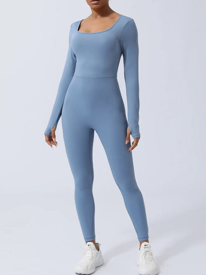 Twisted Backless Long Sleeve Jumpsuit Light Blue Fitggins