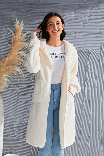 Double Take Full Size Hooded Teddy Bear Jacket with Thumbholes Fitggins