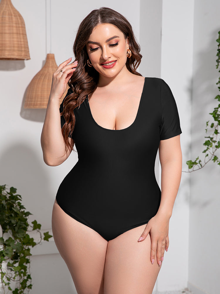 Plus Size Scoop Neck Short Sleeve One-Piece Swimsuit Black Fitggins