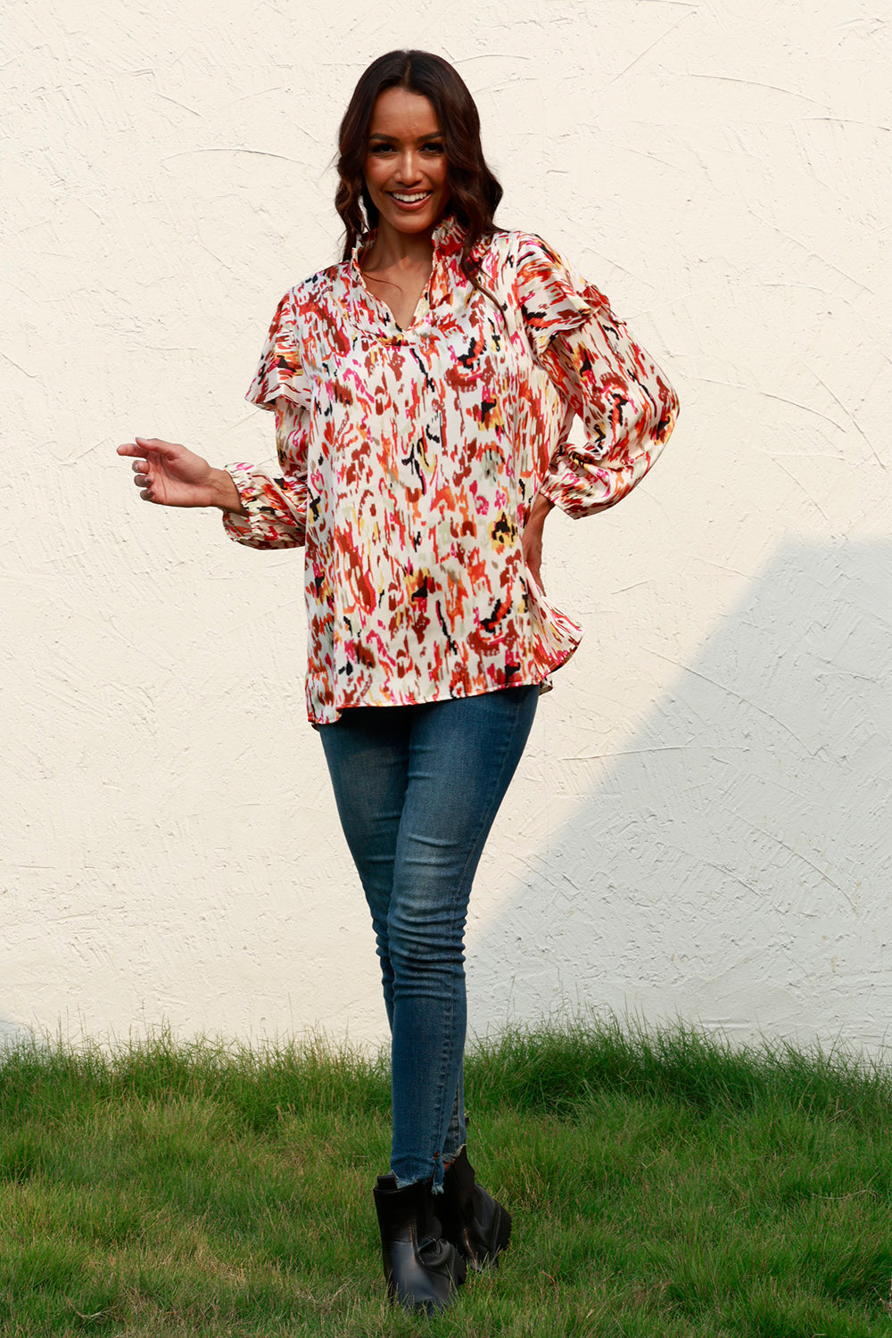 Printed Nochted Neck Ruffled Blouse - Blouses - FITGGINS