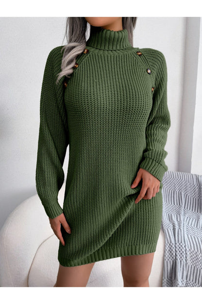 Decorative Button Turtleneck Sweater Dress - Sweater Dresses - FITGGINS