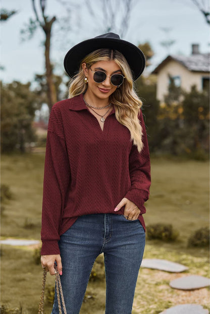 Collared Neck Cable-Knit Long Sleeve Blouse Burgundy Fitggins