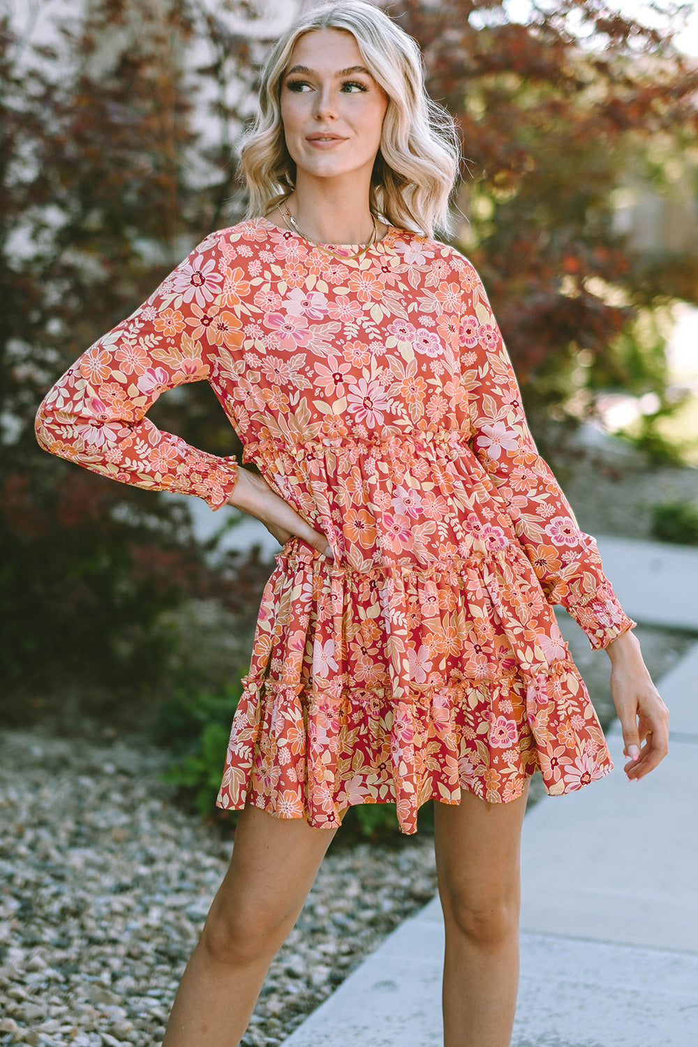 Floral Print Round Neck Long Sleeve Tiered Dress - Casual & Maxi Dresses - FITGGINS