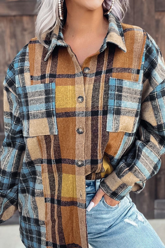 Plaid Collared Neck Long Sleeve Shirt - Shirts - FITGGINS