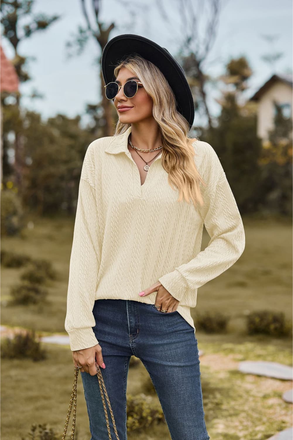 Collared Neck Cable-Knit Long Sleeve Blouse Fitggins
