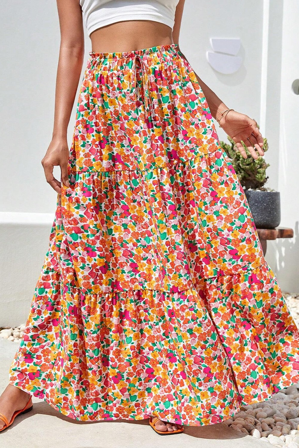 Printed Elastic Waist Maxi Skirt - Shirts - FITGGINS