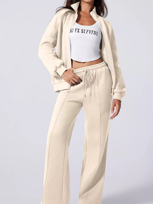 Drop Shoulder Zip Up Jacket and Drawstring Pants Active 2pcs Set Beige Fitggins