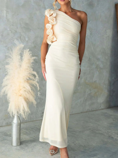 One-Shoulder Floral Trim Sleeveless Maxi Dress Yellow Fitggins