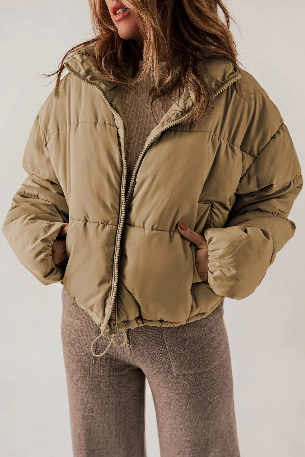 Zip Up Collared Neck Long Sleeve Winter Coat Taupe Fitggins