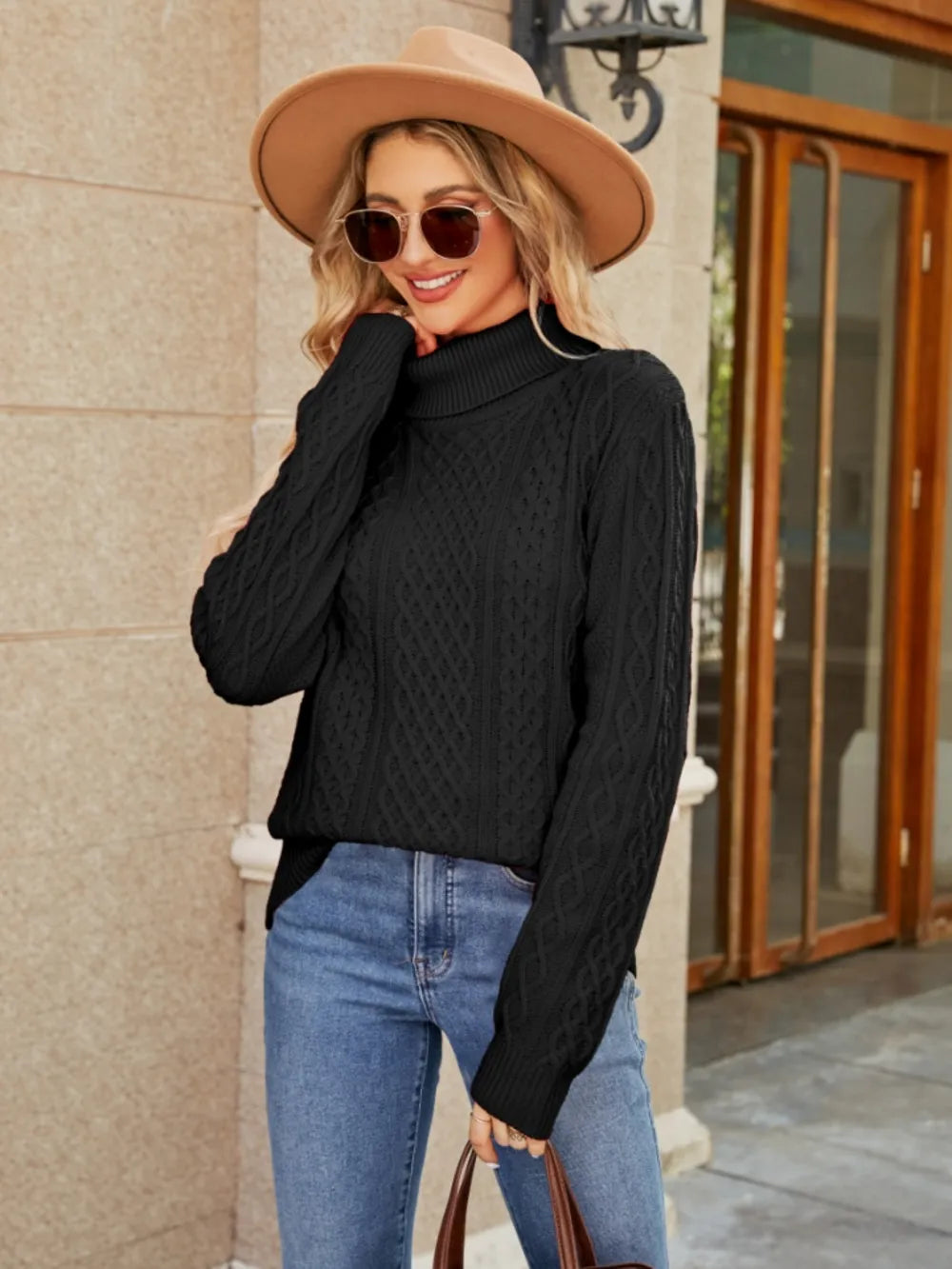 Cable-Knit Mock Neck Sweater Fitggins