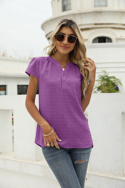 Swiss Dot Notched Neck Short Sleeve Top Purple Fitggins