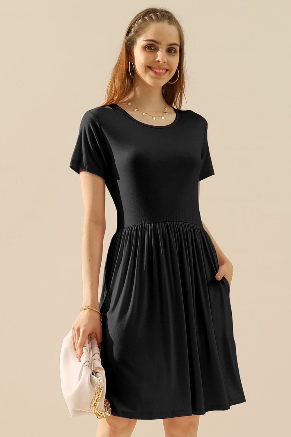 Ninexis Full Size Round Neck Ruched Dress with Pockets - Cocktail Dresses - FITGGINS