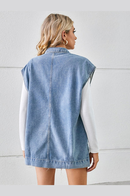 Pocketed Button Up Sleeveless Denim Jacket - Denim Jackets - FITGGINS