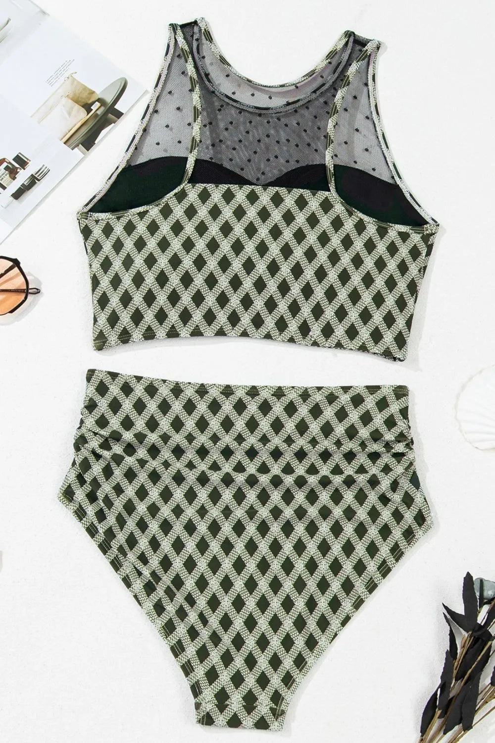 Dotted Mesh Plaid Patchwork High Waisted Swim Set Fitggins