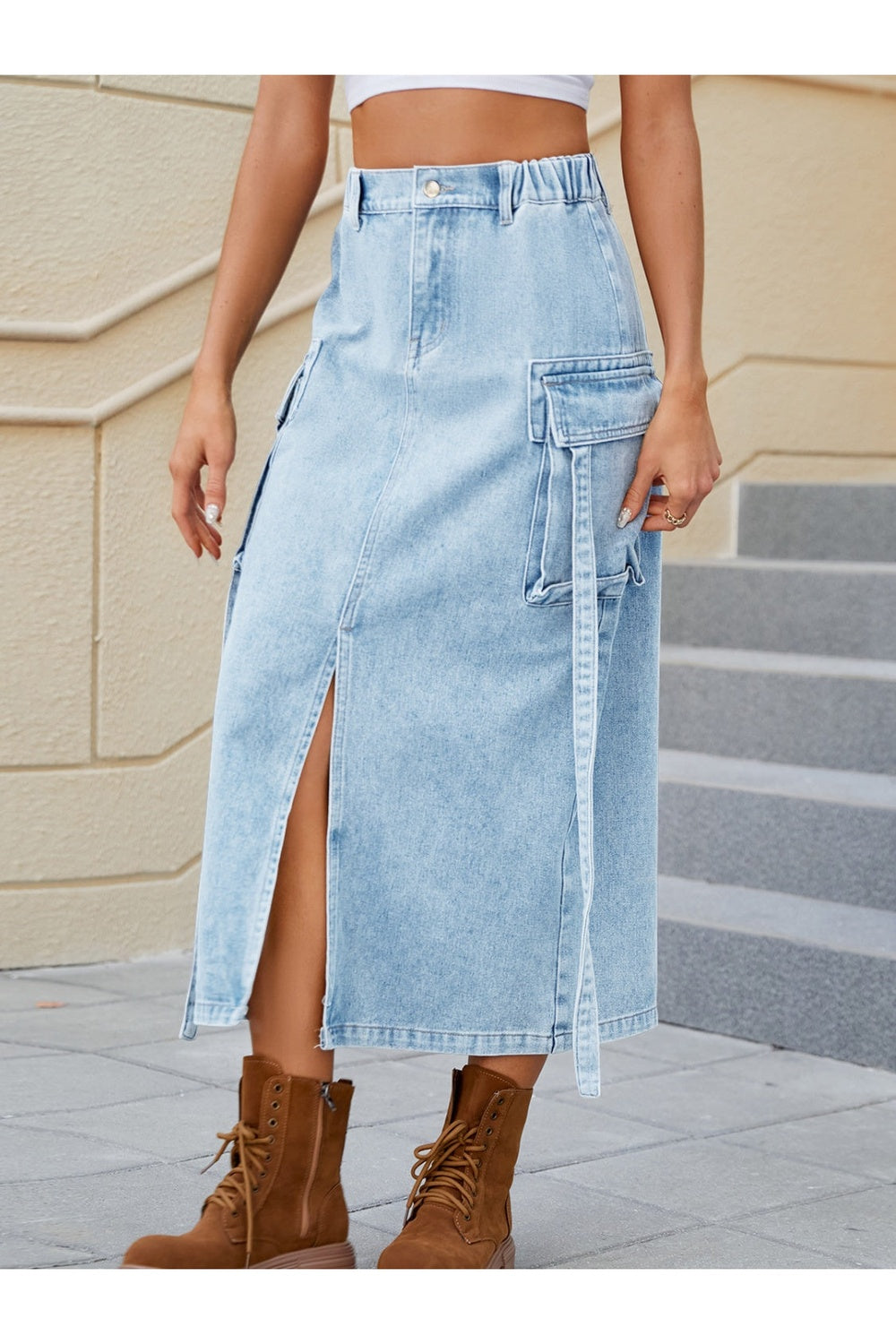 Slit Pocketed High Waist Denim Skirt - Shirts - FITGGINS