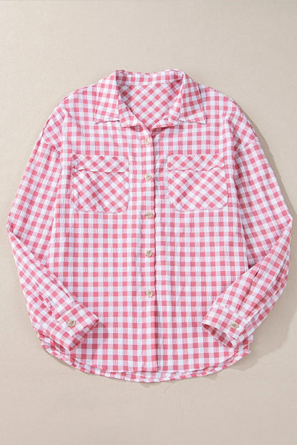 Pocketed Plaid Collared Neck Long Sleeve Shirt - Shirts - FITGGINS