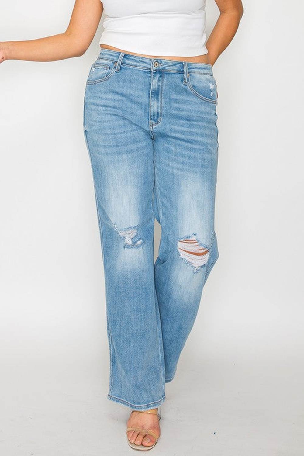 bytos Full Size Distressed High Rise Straight Jeans - Jeans - FITGGINS