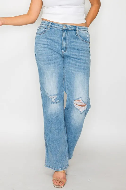 bytos Full Size Distressed High Rise Straight Jeans Fitggins