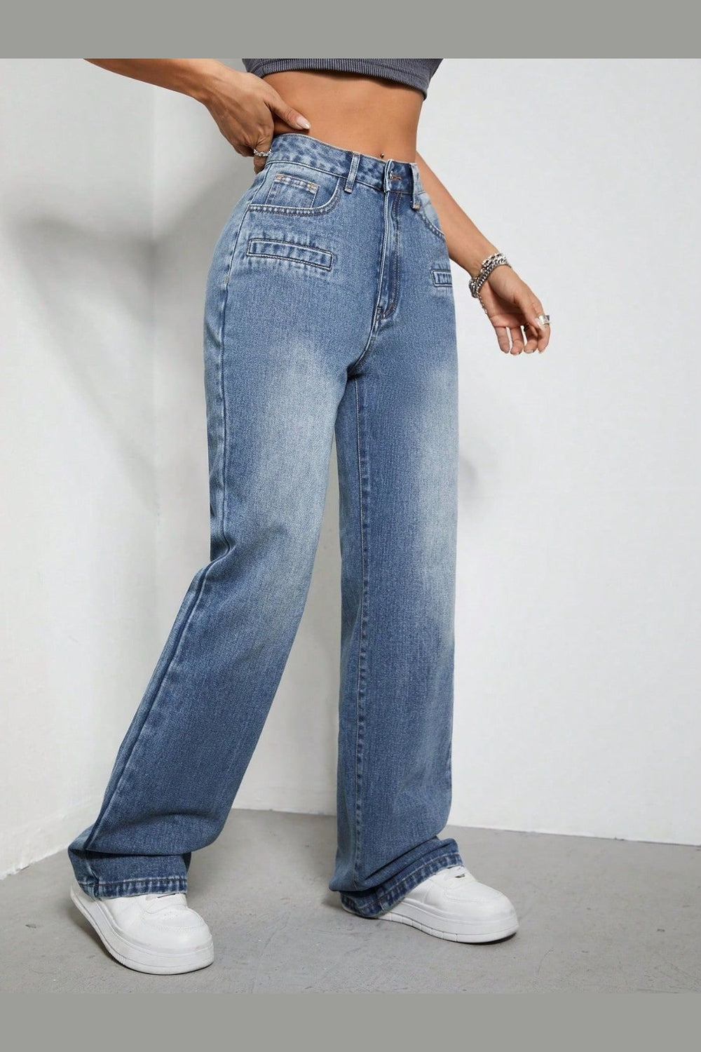 High Rise Wide Leg Jeans with Pockets - Jeans - FITGGINS