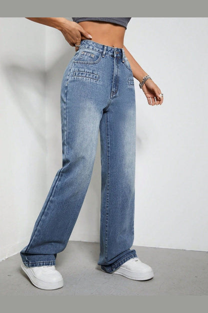 High Rise Wide Leg Jeans with Pockets - Jeans - FITGGINS