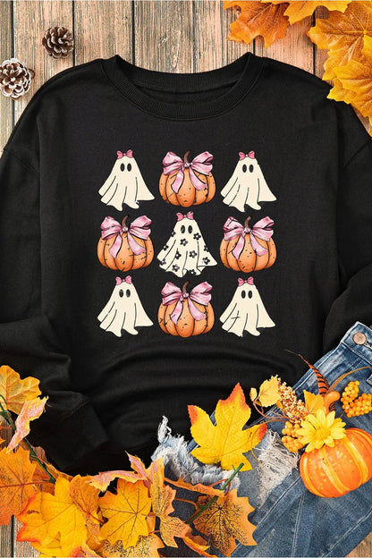 Pumpkin & Ghost Round Neck Long Sleeve Sweatshirt - Sweatshirts & Hoodies - FITGGINS