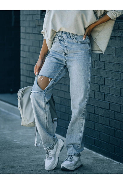 Distressed Asymmetric Waist Jeans - Jeans - FITGGINS