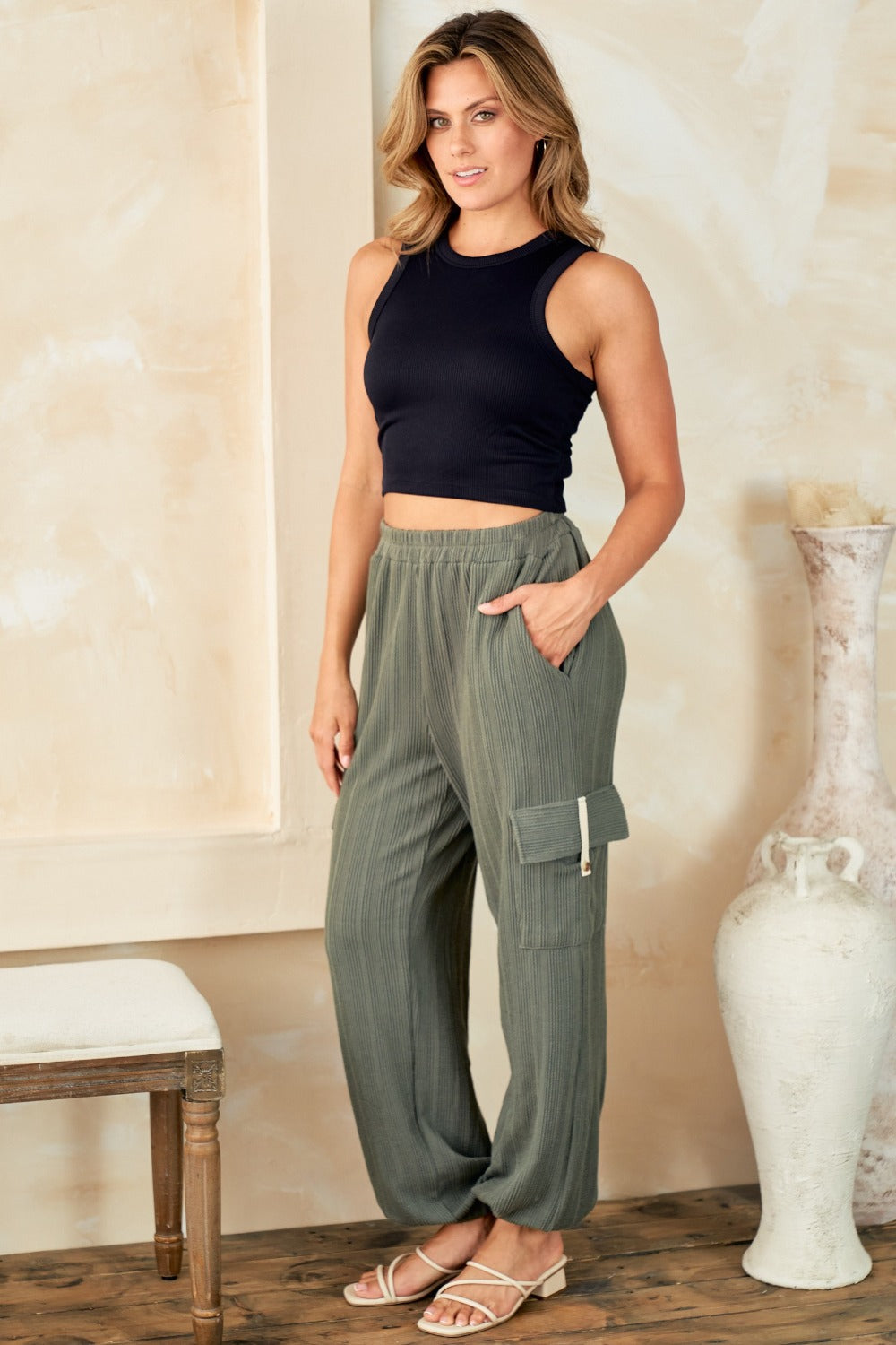 Hailey & Co Textured Rib Cargo Pants - Pants - FITGGINS