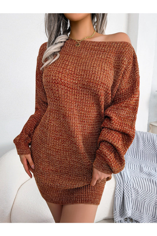 Heathered Boat Neck Lantern Sleeve Sweater Dress - Sweater Dresses - FITGGINS