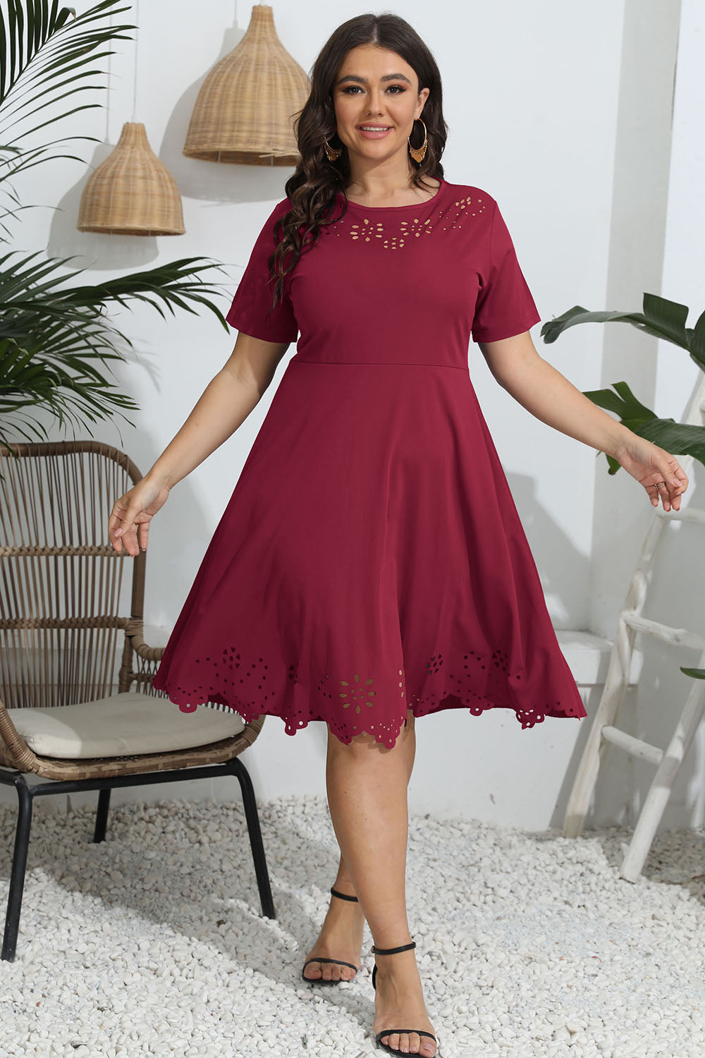 Plus Size Round Neck Openwork Dress - Casual & Maxi Dresses - FITGGINS