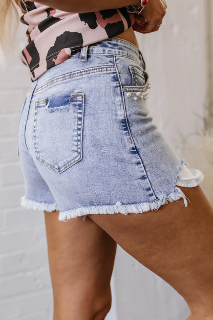 Pearl Studded Pockets Raw Hem Denim Shorts Fitggins