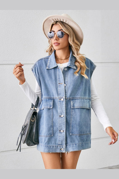 Pocketed Button Up Sleeveless Denim Jacket - Denim Jackets - FITGGINS