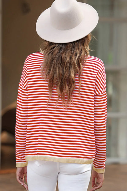 Striped Round Neck Drop Shoulder T-Shirt Fitggins