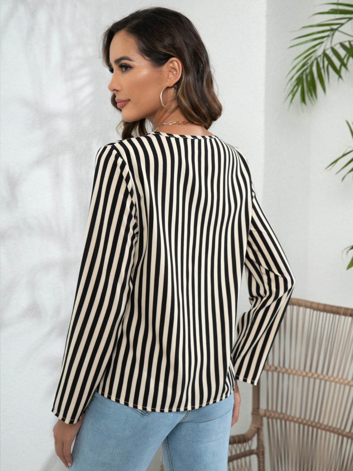 Striped Long Sleeve Notched Blouse Fitggins