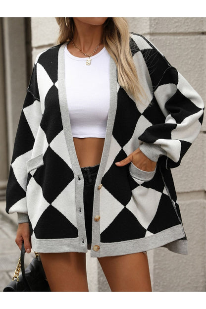 Checkered Dropped Shoulder Long Sleeve Cardigan - Cardigans - FITGGINS