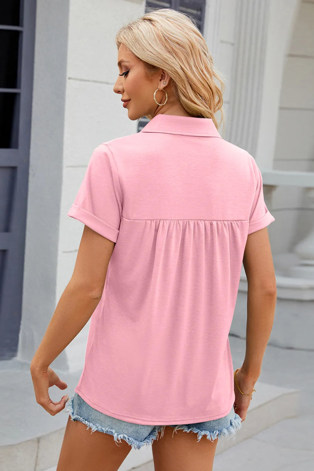 Ruched Johnny-Collar Short-Sleeve Blouse Fitggins