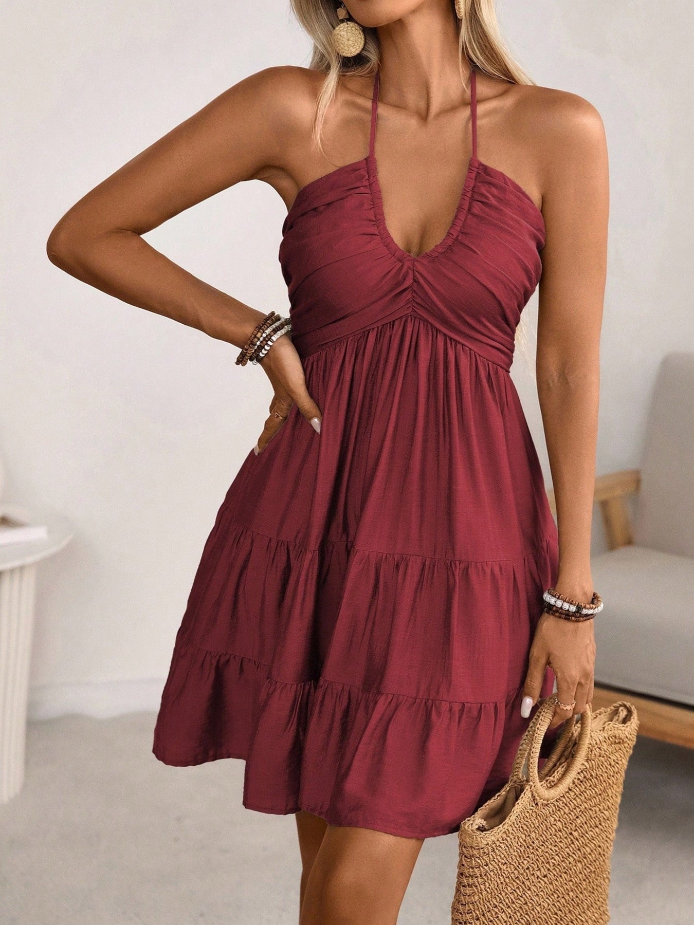 Smocked Halter Neck Tiered Dress Burgundy Fitggins
