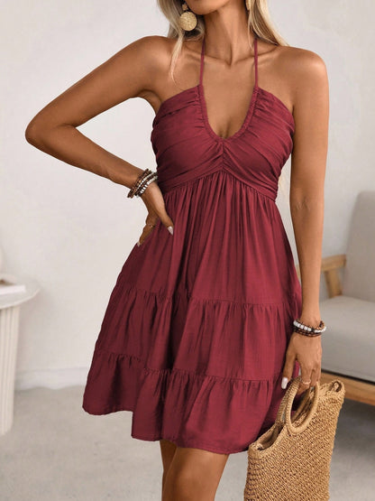 Smocked Halter Neck Tiered Dress Burgundy Fitggins