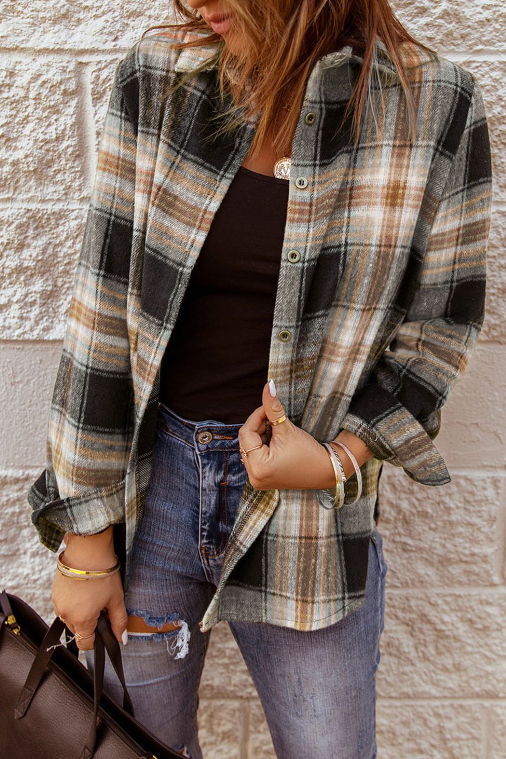 Plaid Collared Neck Button Up Long Sleeve Shirt - Shirts - FITGGINS