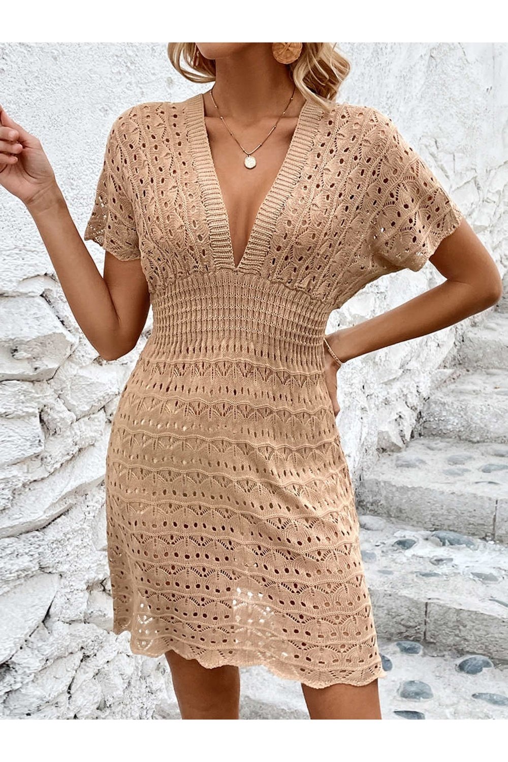 Openwork Plunge Short Sleeve Cover-Up Dress - Cover-Ups - FITGGINS