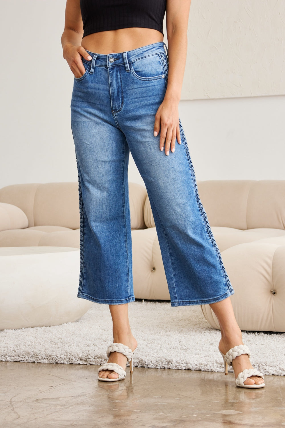 Judy Blue Full Size Braid Side Detail Wide Leg Jeans - Jeans - FITGGINS