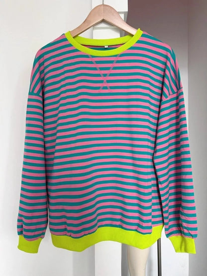 Striped Round Neck Dropped Shoulder Sweatshirt Fitggins