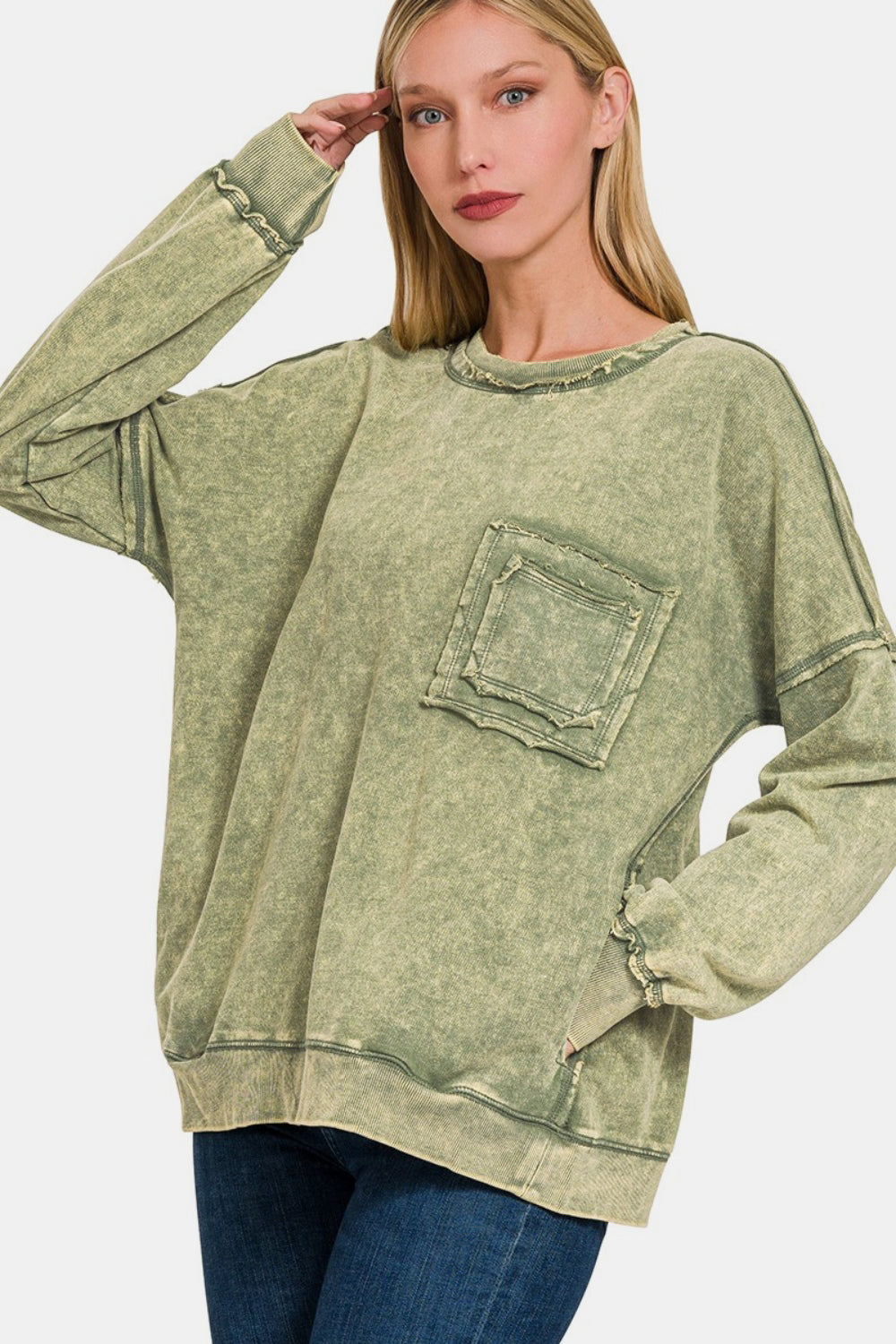 Zenana Exposed Seam Round Neck Dropped Shoulder Sweatshirt - Sweatshirts & Hoodies - FITGGINS