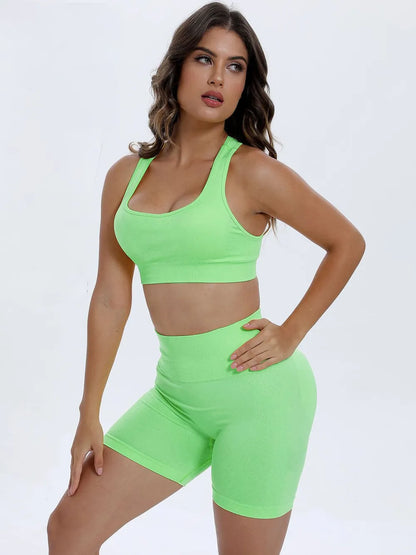 Scoop Neck Wide Strap Top and Shorts Active Set Neon Green Fitggins
