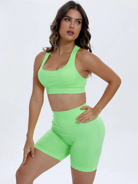 Scoop Neck Wide Strap Top and Shorts Active Set Neon Green Fitggins