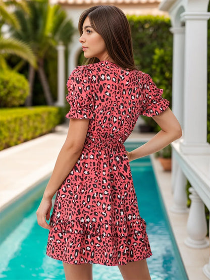 Leopard V-Neck Flounce Sleeve Mini Dress Fitggins