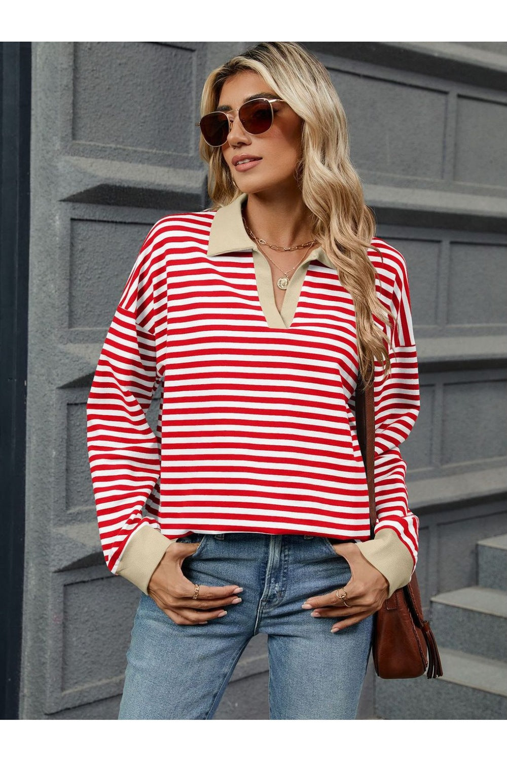 Striped Johnny Collar Long Sleeve Sweatshirt - Sweatshirts & Hoodies - FITGGINS